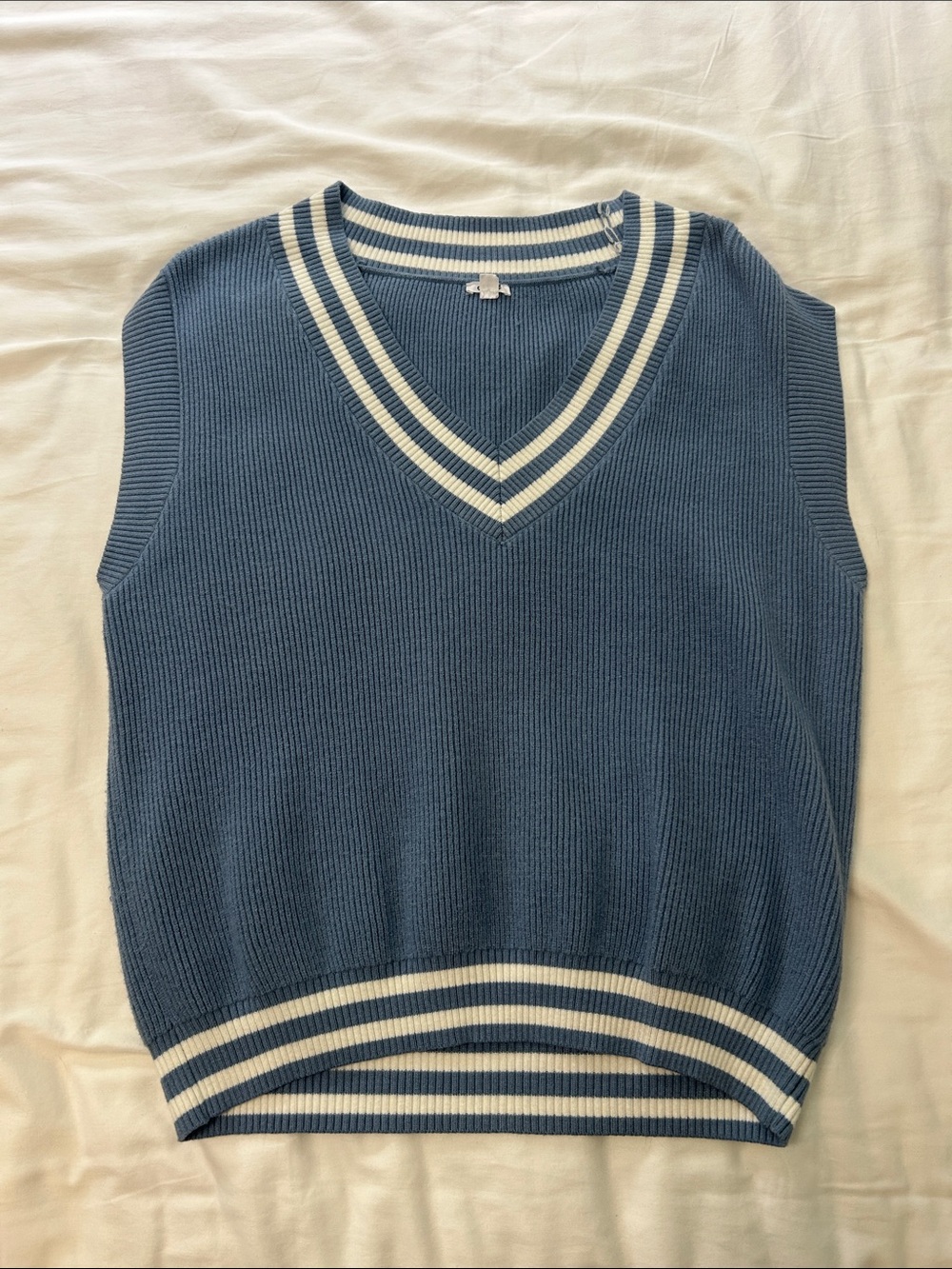 Garage Blue V-Neck Knit Sweater Vest with White Stripes